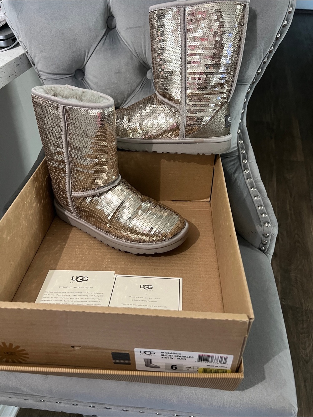 UGG Sparkly Silver Sequin Classic Short Boots